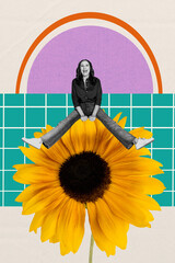 Vertical image art pop trend collage of happy old woman sit sunflower bloom spring holiday greeting postcard plant care nature