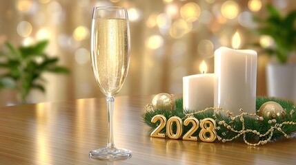 New Year's Eve Champagne Toast: A festive scene featuring a glass of champagne, glowing candles, and an ornament, perfectly capturing the warmth and anticipation of the upcoming year.