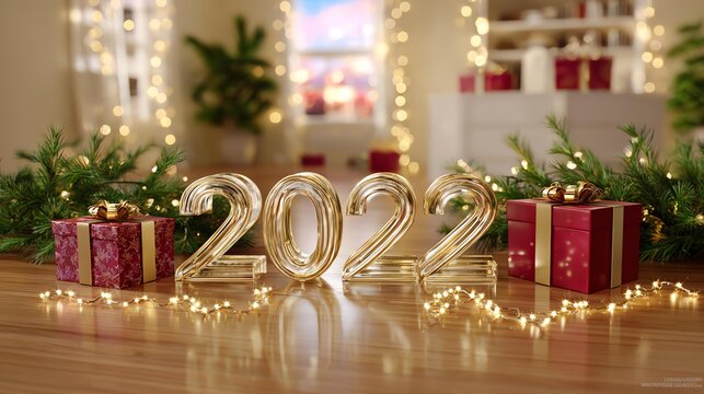 New Year's Eve 2022: Festive cheer unfolds as radiant golden numbers of the upcoming year stand amid thoughtfully wrapped presents.