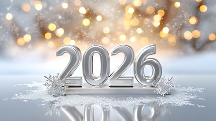 Silver 2026: A glittering display of the year 2026 rendered in silver against a backdrop of bokeh lights and festive snow, conveying optimism, celebration, and anticipation of the new year.