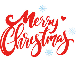 Vector lettering Merry Christmas in red with decorative heart and snowflakes. Holiday calligraphy typography for Christmas and New Year