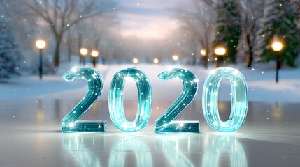 New Year 2020: A mesmerizing visual spectacle of 2020 elegantly designed with an icy, crystalline texture against a snowy landscape, capturing the spirit of a fresh start. 