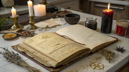Close-up of a creepy. ancient recipe book open on a kitchen counter. surrounded by spooky