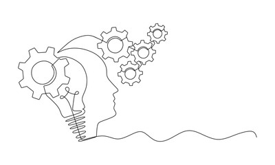 Continuous one line drawing of man head with lightbulb with gears as line drawing on white background.