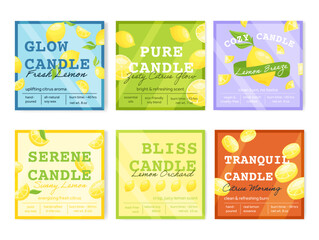 Candle label templates with a fresh lemon scent. Each label highlights the invigorating aroma and vibrant design, perfect for any space.