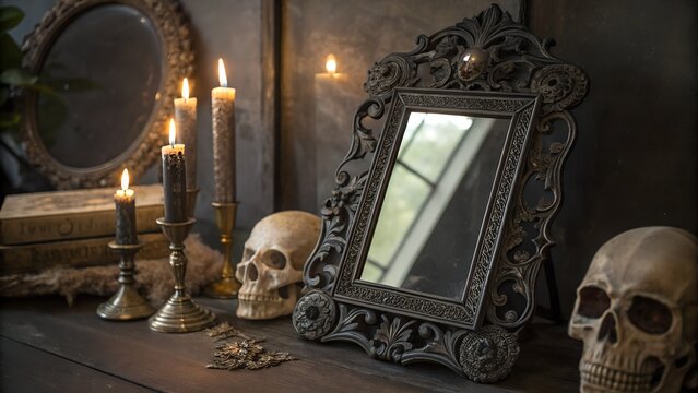 The displays a sophisticated gothic-inspired mirror among a setting of skulls and candles - Powered by Adobe
