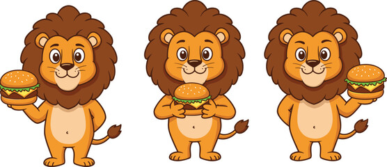 Cute cartoon lion holding big hamburger, funny animal mascot illustration, adorable character design, fast food concept, playful kids vector artCute cartoon lion holding big hamburger, funn