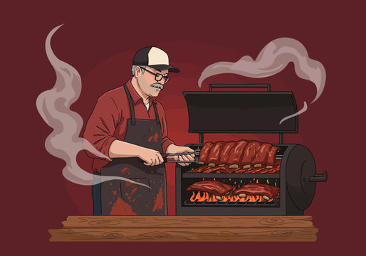 A man grills ribs on a smoker against a red background amidst smoke and a wooden table