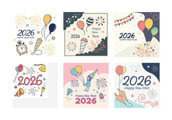 2026 Happy New Year Celebration Design Set with Fireworks Balloons Party Hats Festive Illustrations and Holiday Decorations for Greeting Cards Invitations and Posters