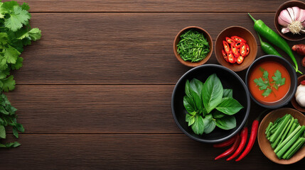 Aromatic herbs and spices are beautifully arranged on a rustic wooden table, creating an inviting culinary display for creating authentic Asian recipes now.