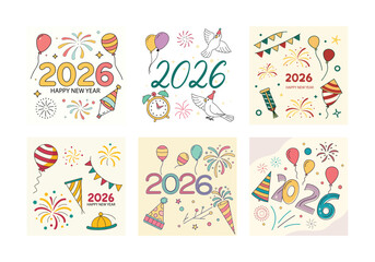 Colorful 2026 Happy New Year Celebration Design Set with Balloons Fireworks Party Hats Decorations Festive Illustrations for Holiday Greeting Cards Posters and Invitations