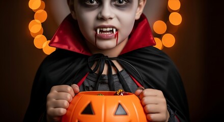 Child dressed as Dracula with bloody fangs holds a jack-o'-lantern candy pail on Halloween night.