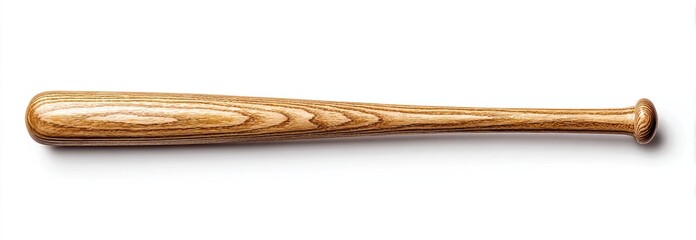 A wooden baseball bat lies horizontally against a white background. The wood grain is visible