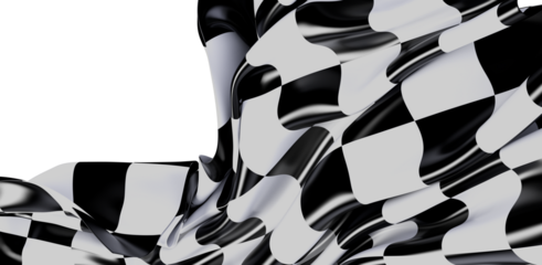 Dynamic shot of a checkered racing flag billowing against a clean white backdrop. Perfect for themes like speed, competition, success, and victo