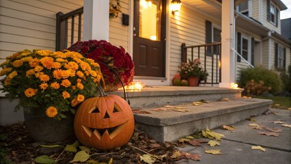 Obraz premium Halloween pumpkin Jack o lantern and flowers on front porch. exterior home decor. seasonal