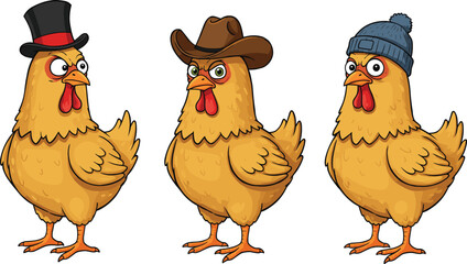 Funny cartoon chickens wearing hats including cowboy hat, winter beanie, and top hat, cute farm animal vector illustration designFunny cartoon chickens wearing hats including cowboy 