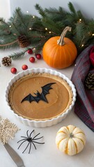 Fototapeta premium Pie plate with bat. pumpkin. spider figure on christmas table isolated on pale background.
