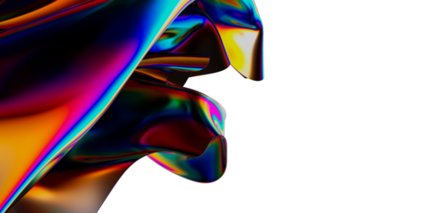 A vibrant, abstract composition featuring flowing, iridescent fabric with a spectrum of colors, creating a captivating visual effect against a c