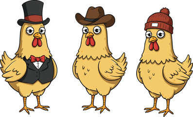 Funny cartoon chicken wearing cowboy hat, western style farm animal character illustration, humorous rooster design for countryside, ranch, livestock artwork