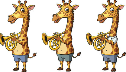 Naklejka premium Funny cartoon giraffe character playing trumpet musical instrument wearing shorts and shirt, cute animal illustration for music, education, entertainment designFunny cartoon giraffe char
