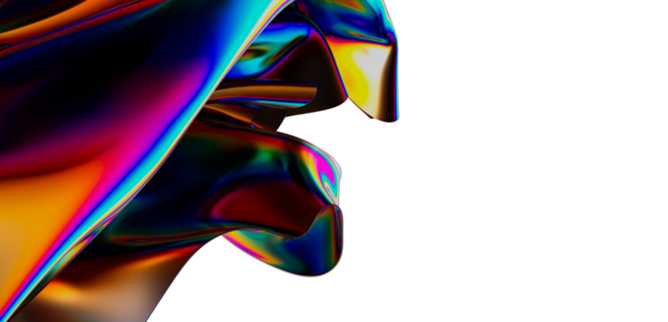 A vibrant, abstract composition featuring flowing, iridescent fabric with a spectrum of colors, creating a captivating visual effect against a c