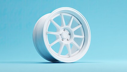 Fototapeta premium A pristine white car wheel on a light blue surface, isolated with soft lighting