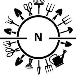 Garden split monogram frame, Garden tools monogram, Garden tools monogram, Gardening tools logo, Garden split monogram vector