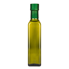 olive oil in glass bottle on white background, isolate
