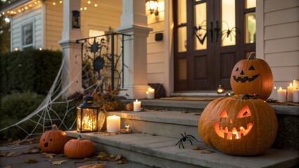 A charming Halloween scene featuring a of creatively carved pumpkins and spooky decorations