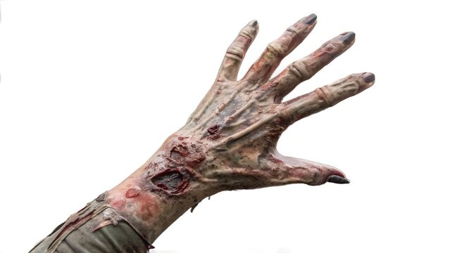 Creepy Realistic Zombie Hand Prop with Decayed Skin and Outstretched Fingers on Transparent