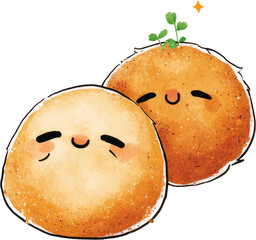 Cute potato-like characters with happy faces and sprouts on top.