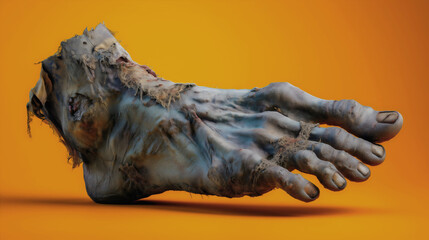 A scary and gruesome mummy or zombie foot for Halloween, a decaying and mummified limb from an ancient undead creature, a realistic horror prop on an orange background, a concept of monsters and curse