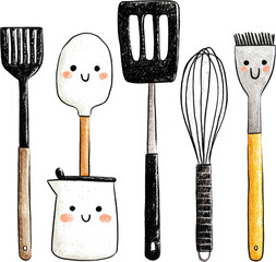 Cute Kitchen Utensils Illustration: Whisk Spatula and More.