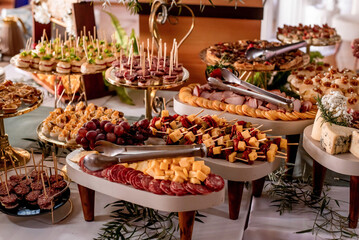 Appetizing cold snack table with salami cheese and fruit