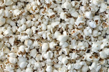 Homemade Salty Popcorn, top view. Flat lay overhead