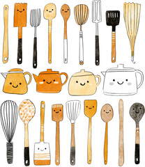 Collection of Kitchen Utensils and Teapots Illustration.