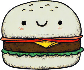 Cute Cartoon Burger with Smiling Face and Delicious Ingredients.