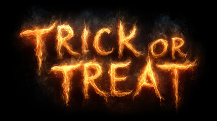 Scary halloween trick or treat burning flame letters with spooky fire effect on dark black background