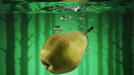 Fresh Ripe Pear Falling Into Clear Water With Bubbles. - Powered by Adobe
