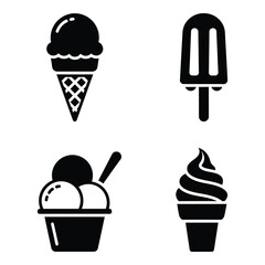 Set of four classic ice cream treats including cones popsicle and sundae for delicious summer desserts and refreshment silhouette