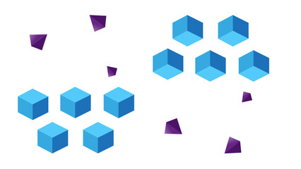 Isometric blue cubes with floating purple polygons for abstract digital and technology background