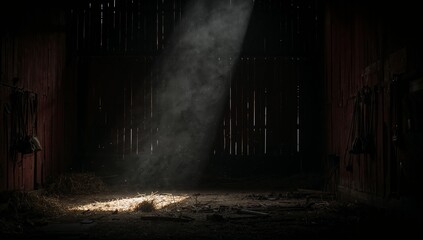 Red Barn Interior, rustic wooden beams, weathered red plank walls, and hay bales lit by soft daylight, authentic countryside architecture with warm rustic atmosphere