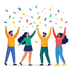Obraz premium Four diverse people celebrating a happy moment with confetti falling from above, arms raised.