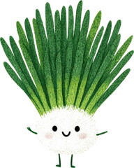 Cute Cartoon Green Onion with Smiling Face and Arms.