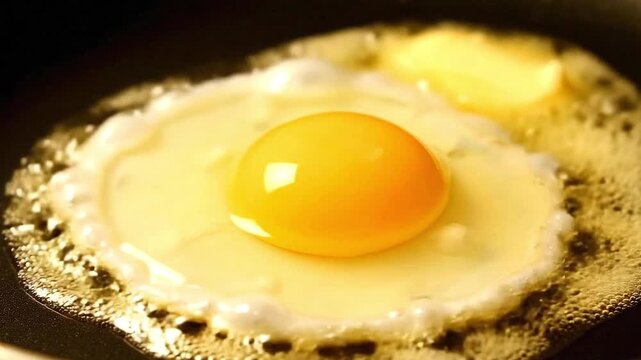 Fried egg with runny yolk and melting butter in a pan