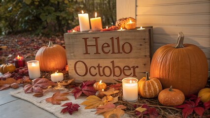 Hello October sign with pumpkins. candles. and autumn leaves creating a cozy fall atmosphere