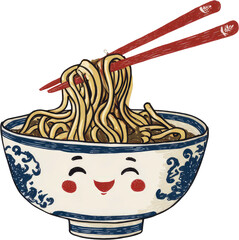Delicious Noodles in a Cute Bowl with Chopsticks.