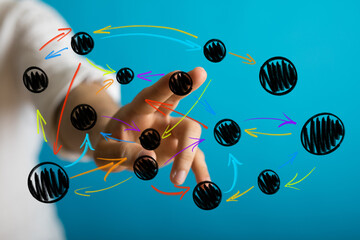 Digital network concept with a human hand interacting with connected nodes and arrows. Visualizes data flow, communication, and strategic manage