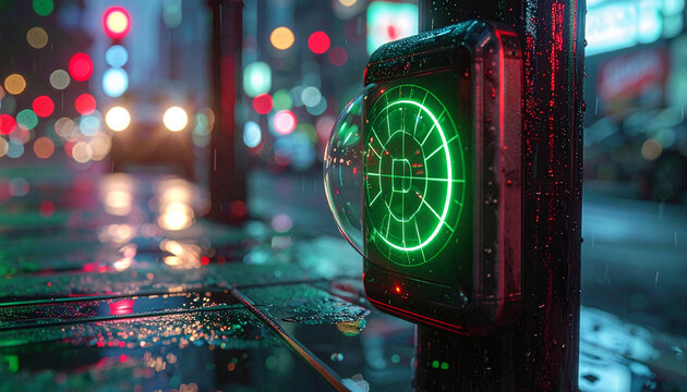 Urban Vigil: Illuminated pedestrian crossing button. A close-up shot of a glowing, futuristic pedestrian crossing button in a vibrant urban setting during rainfall. 