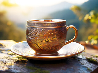 Rustic Copper Tea Cup and Saucer with Detailed Leaf and Feather Engravings, set outdoors on a Mossy Rock during Sunset/Sunrise.